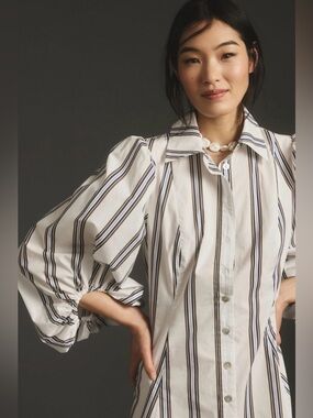 ANTHROPOLOGIE PLENTY L Scandi Bohemian L/Sleeve Ruched Striped Mini Shirt Dress
